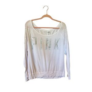 PINK Victoria’s Secret White Shoulder Bling Long Sleeve Shirt Women’s Size Large